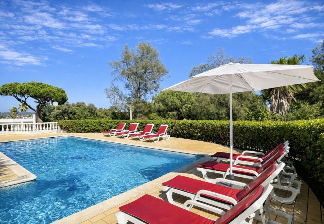 Piscina privada com espreguiçadeiras numa vivenda de férias em Albufeira